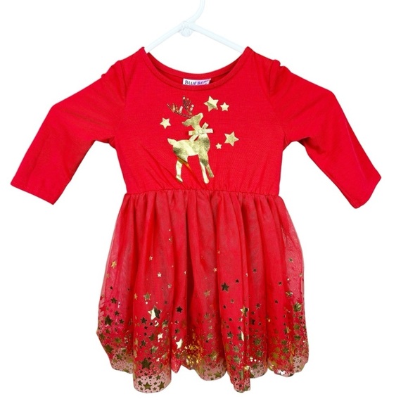 Blueberi Boulevard Red and Gold Christmas Reindeer Stars Metallic Dress 3T - Picture 1 of 7